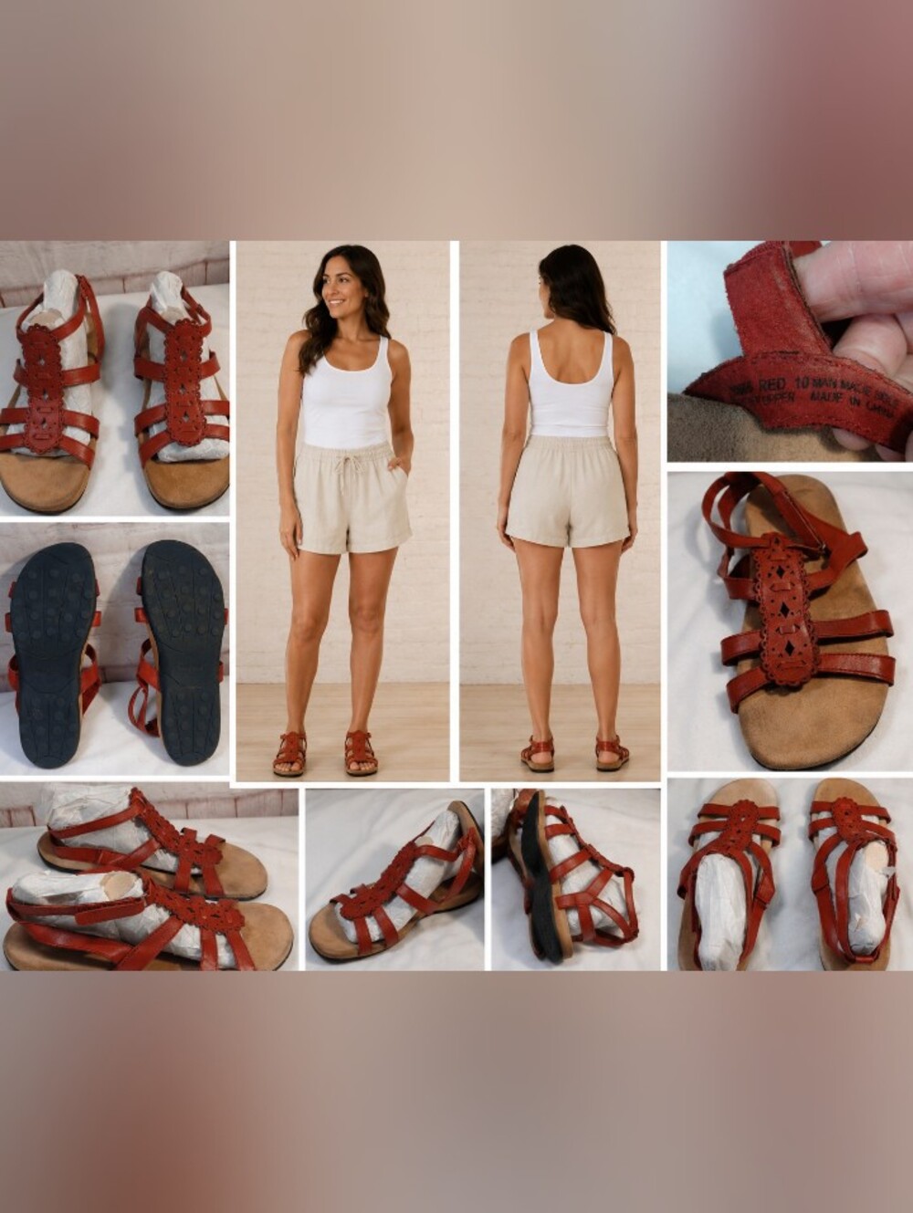 Minnetonka‎ Women All Leather Red  Wrap Around Ankle Comfort Sandals 10 M